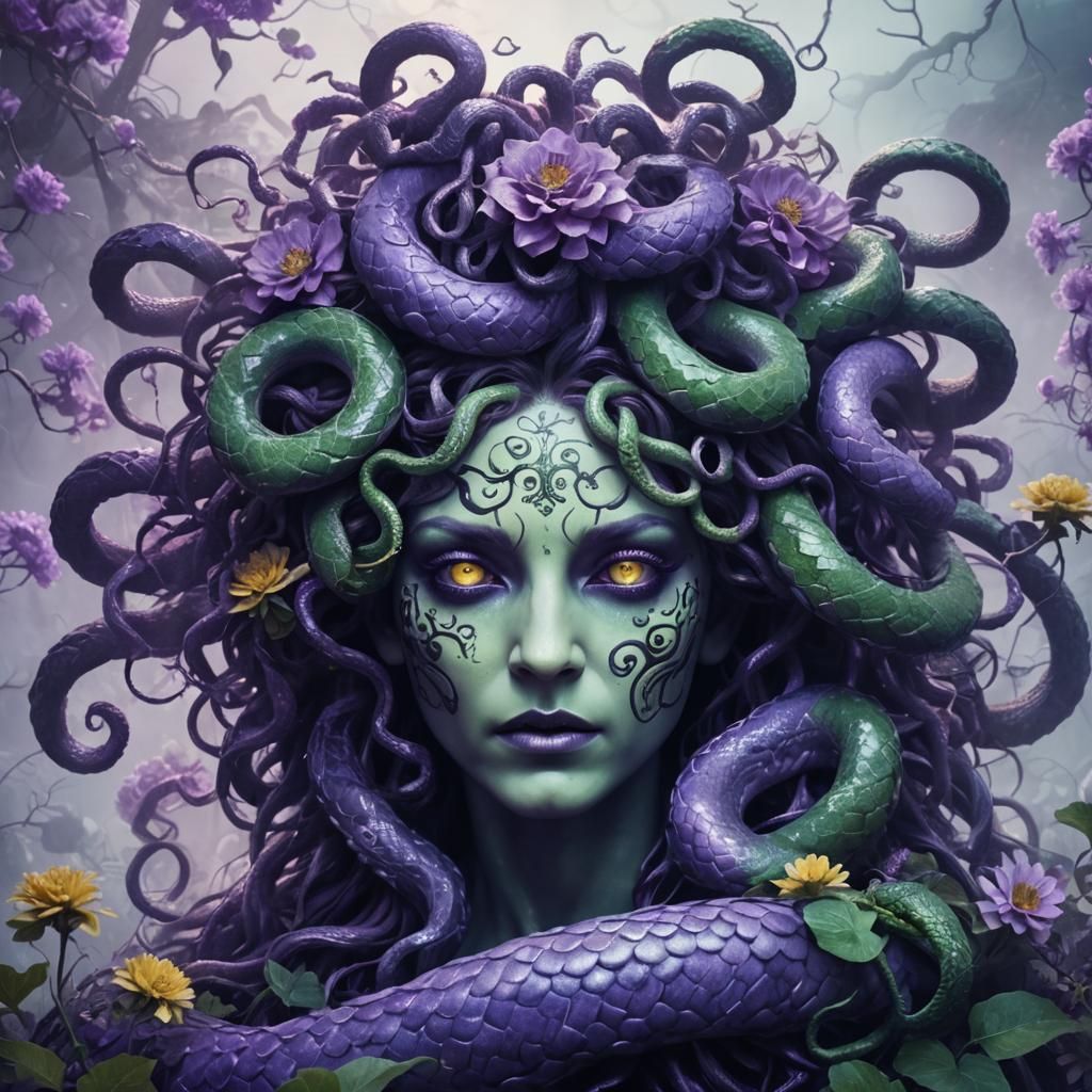 Medusa with Tangled Snake Hair in Dark Surrealism