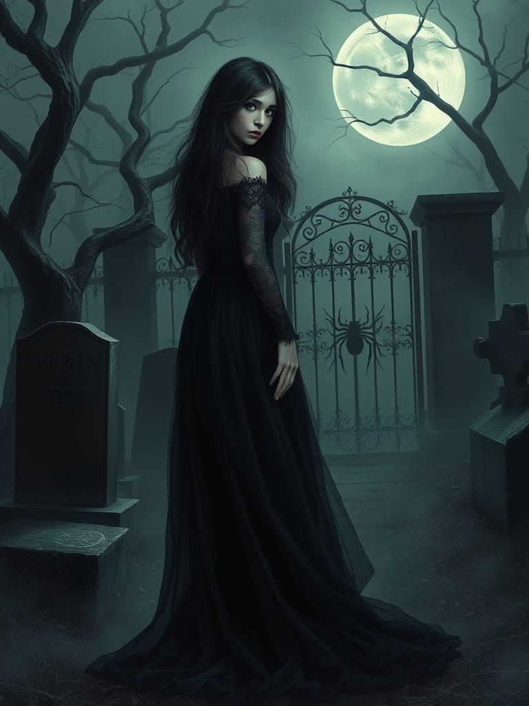Gothic Girl in Misty Graveyard, Eerie and Surreal