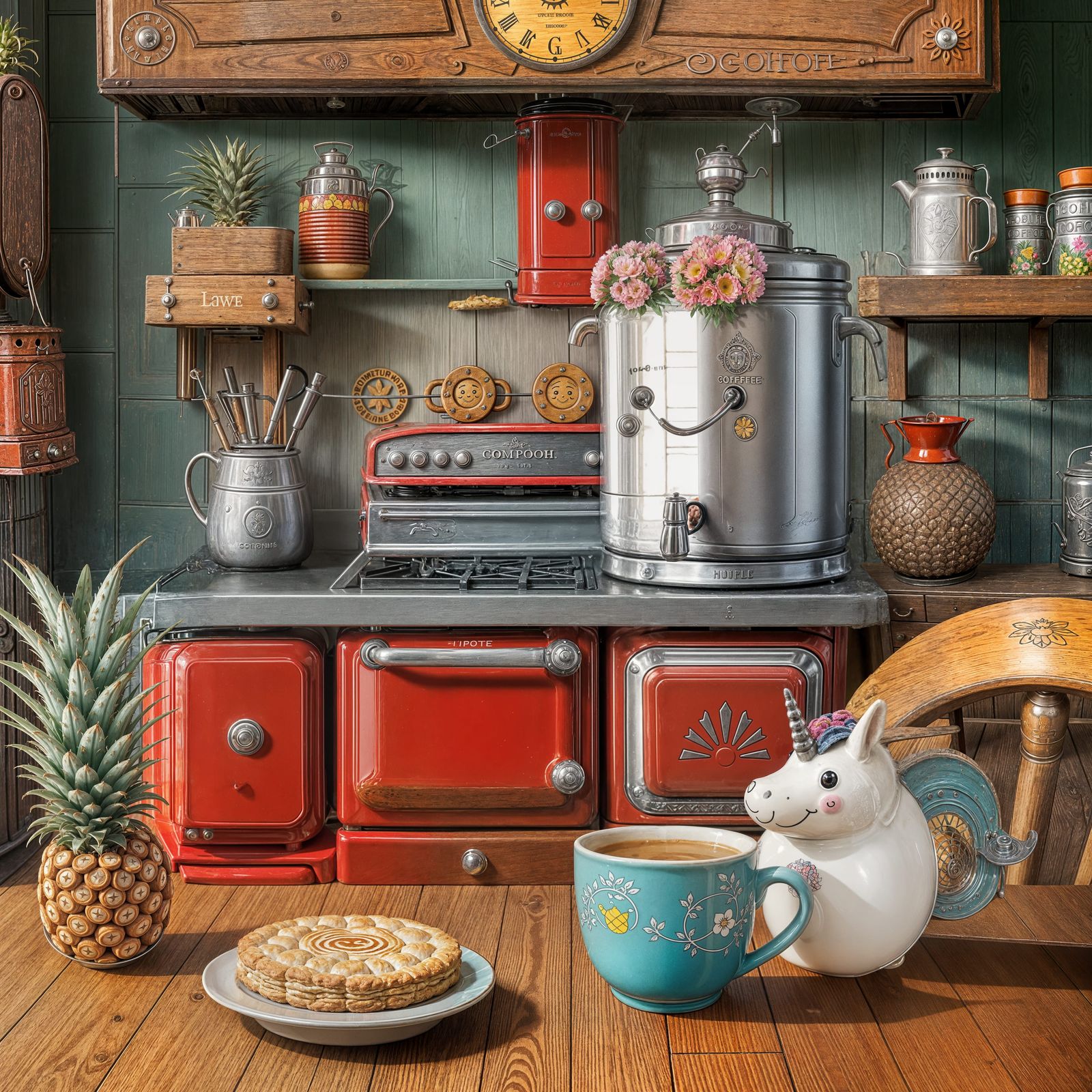 Smiling Coffee Percolator on Antique Wood Stove
