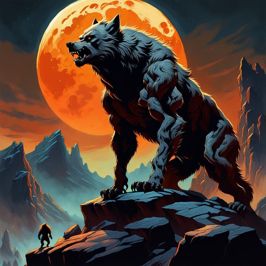 Werewolf Howling at Twin Moons in Dark Fantasy Style