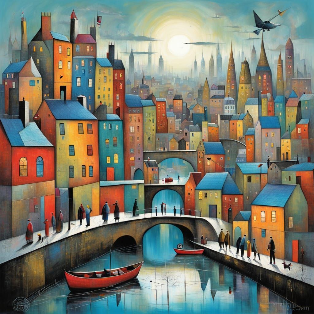 Tribal Cityscape in Naive Airbrushed Style