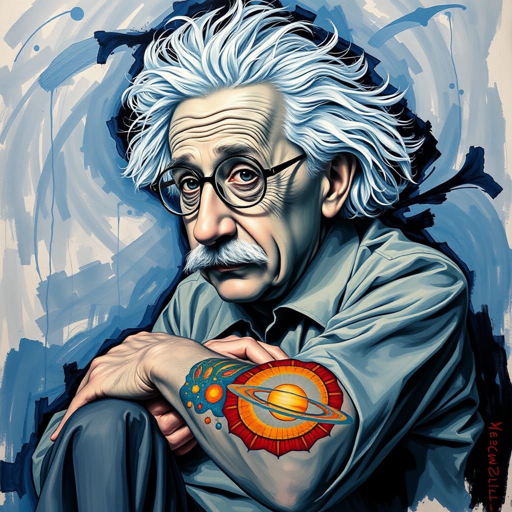 Albert Einstein with Vibrant Solar System Tattoo in Impasto ...