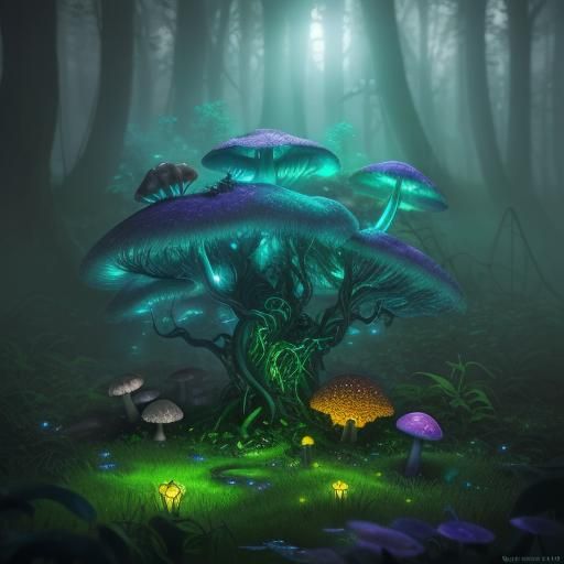 Ghostly Mushroom Creature in Fantasy Landscape