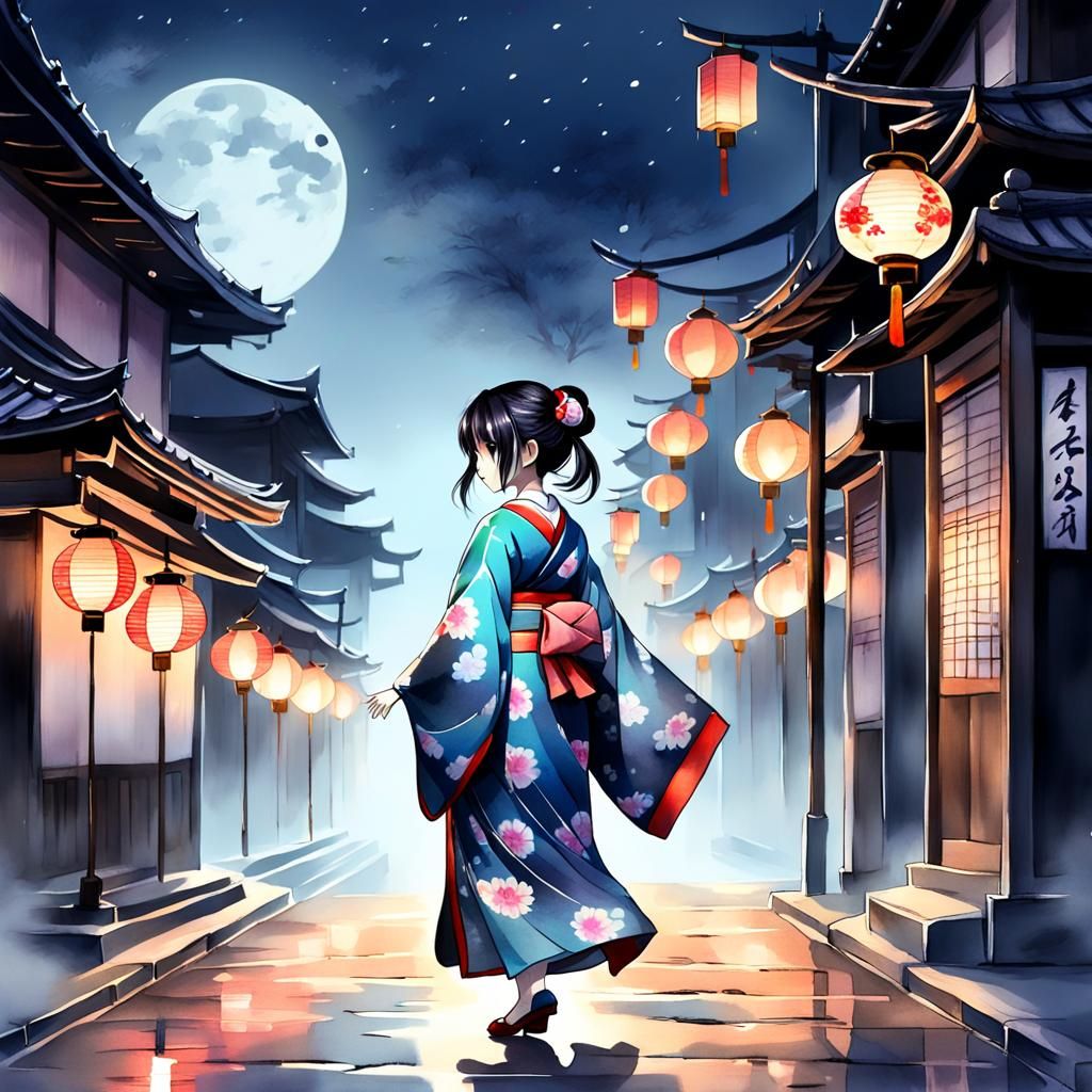 Tranquil Japanese Ghost Girl Navigates a Foggy City Night