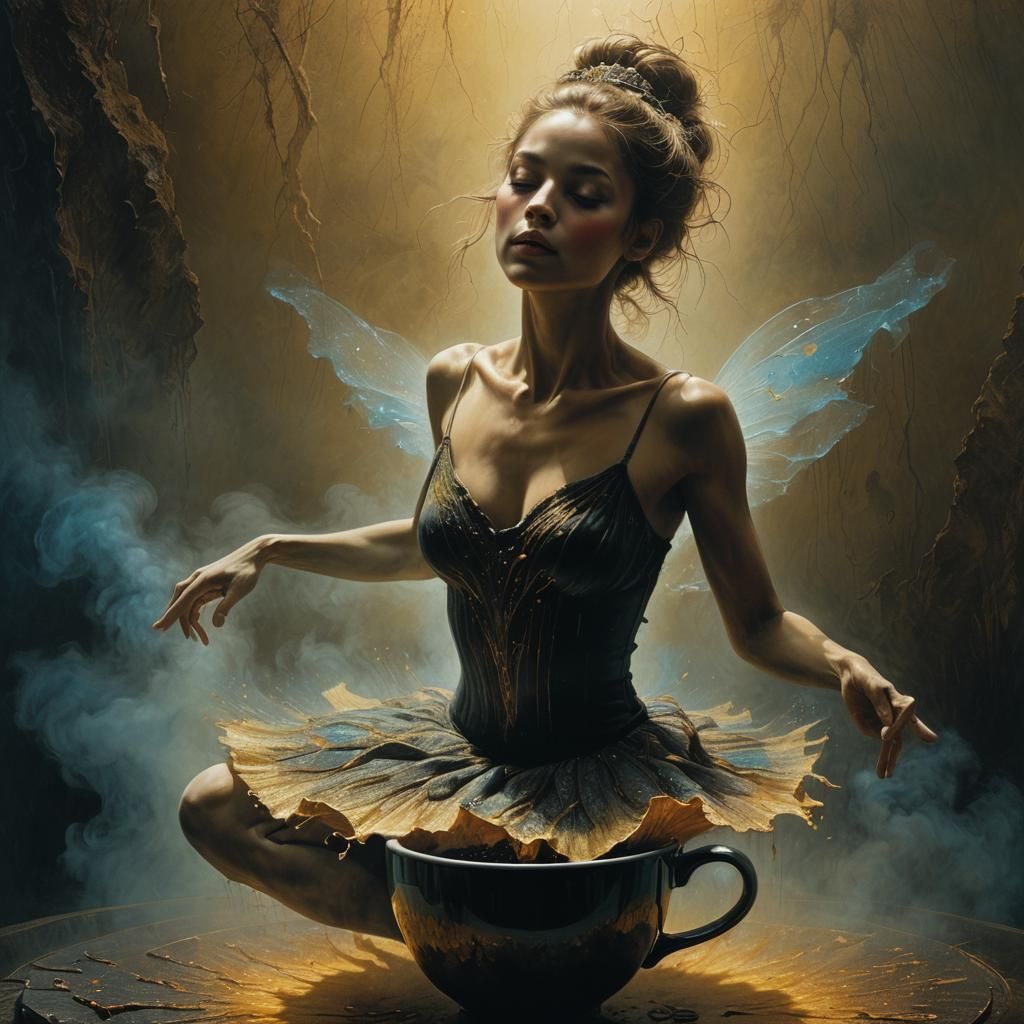 Ballerina Vapor Emerging from Coffee, Beksiński Style
