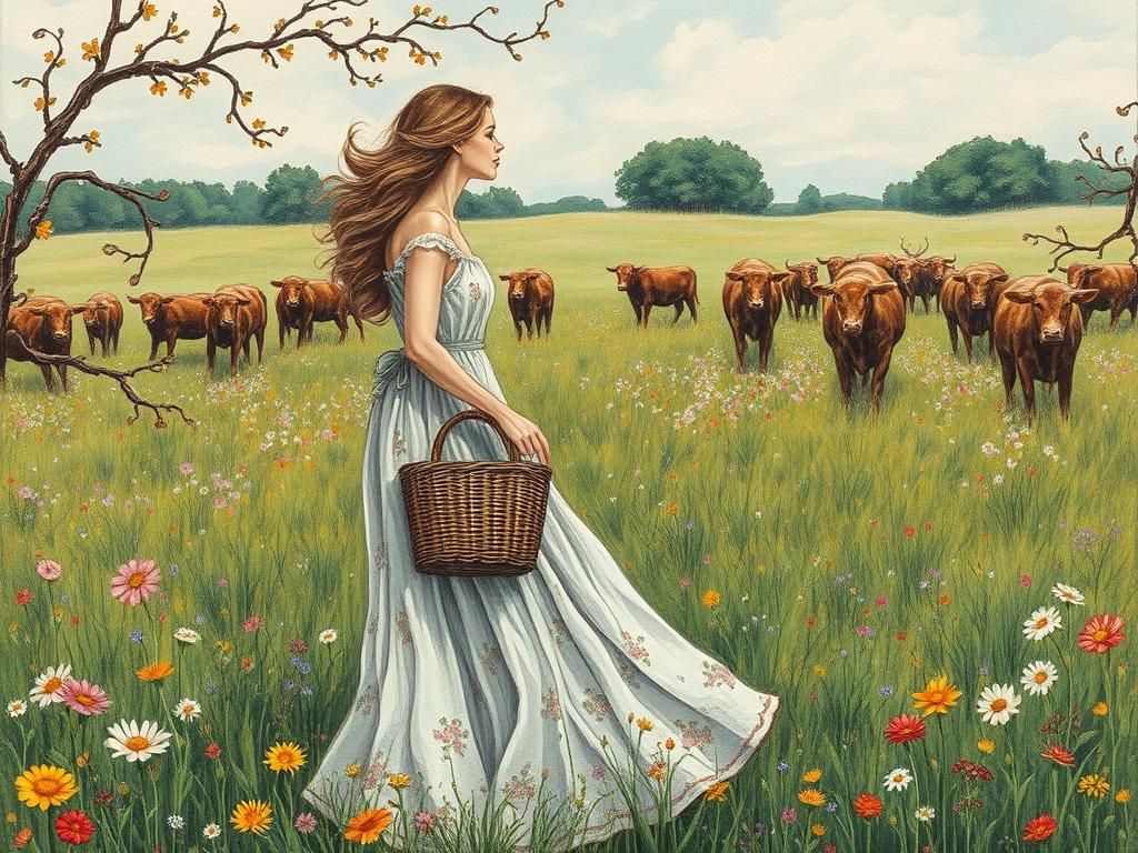 Enchanted Meadow Picnic with Cattle: Art Brut Style