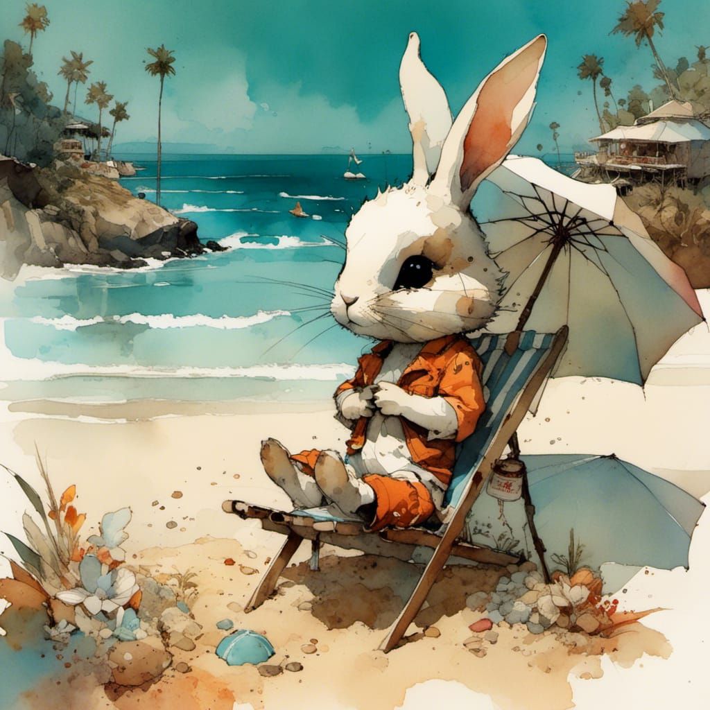 Chibi Bunny Relaxing on the Beach in Watercolor
