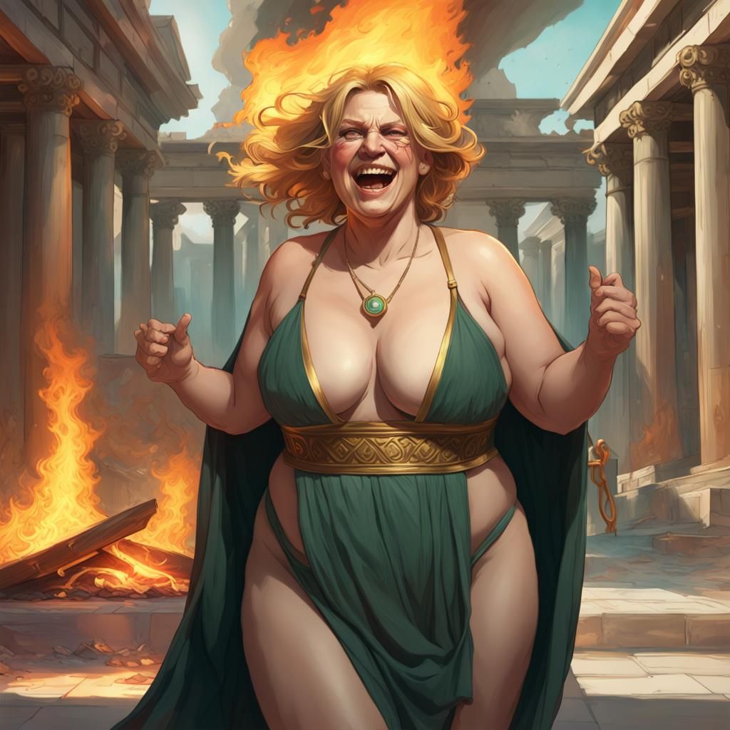 Rubenesque Woman Amidst Burning Temple, Hyperdetailed Art