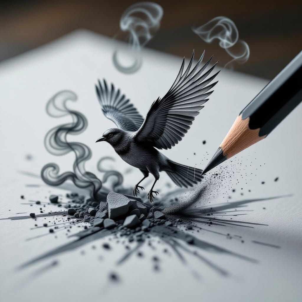 Charcoal Pencil Sketch Becomes Flying Bird in Macro Realism