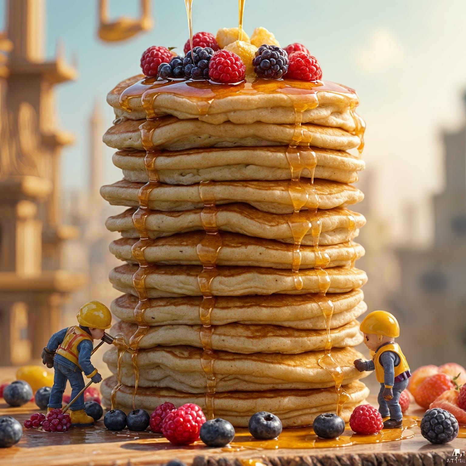 Whimsical Pancake Skyscraper in Matte Painting Style