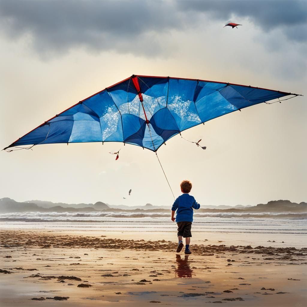 Boy Flying Kite: Intricate Watercolor Illustration