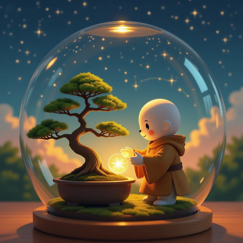 Golem Tending Bonsai in Starry Terrarium, Ghibli Style