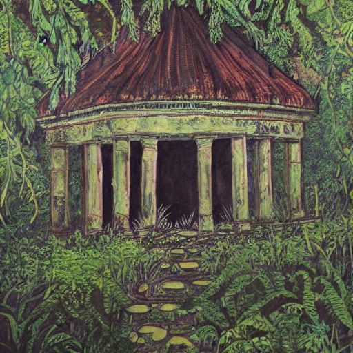 Overgrown Abandoned Temple in Gouache Style