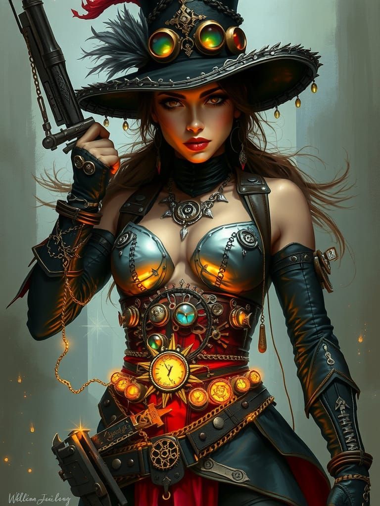 Lara Croft as Dark Steampunk Magician in Acrylic