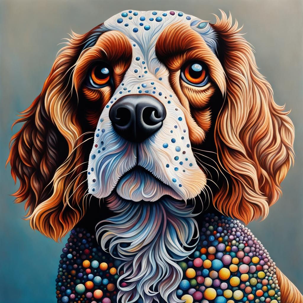 Detailed Pointillist Cocker Spaniel Mixed Media Painting