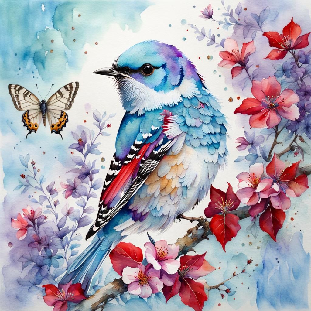 Detailed Bird with Flowers, in Watercolour Style