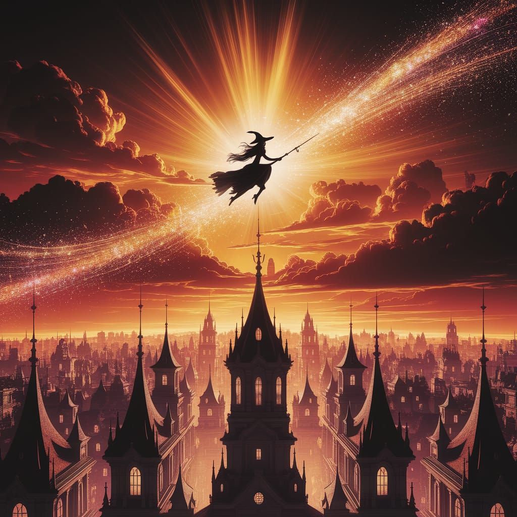 Witches Silhouette Over Fantastical City in Golden Light