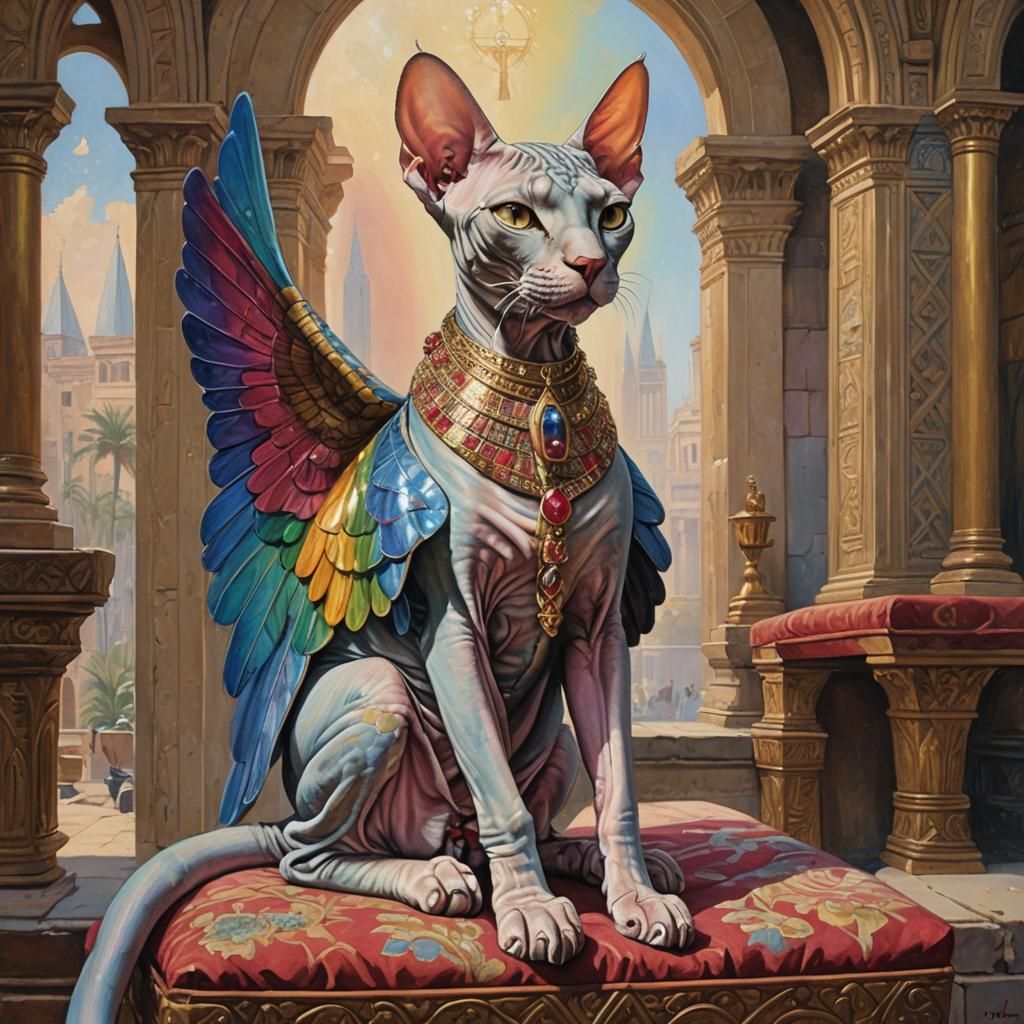 Egyptian Sphynx Cat with Rainbow Wings, Oil Painting