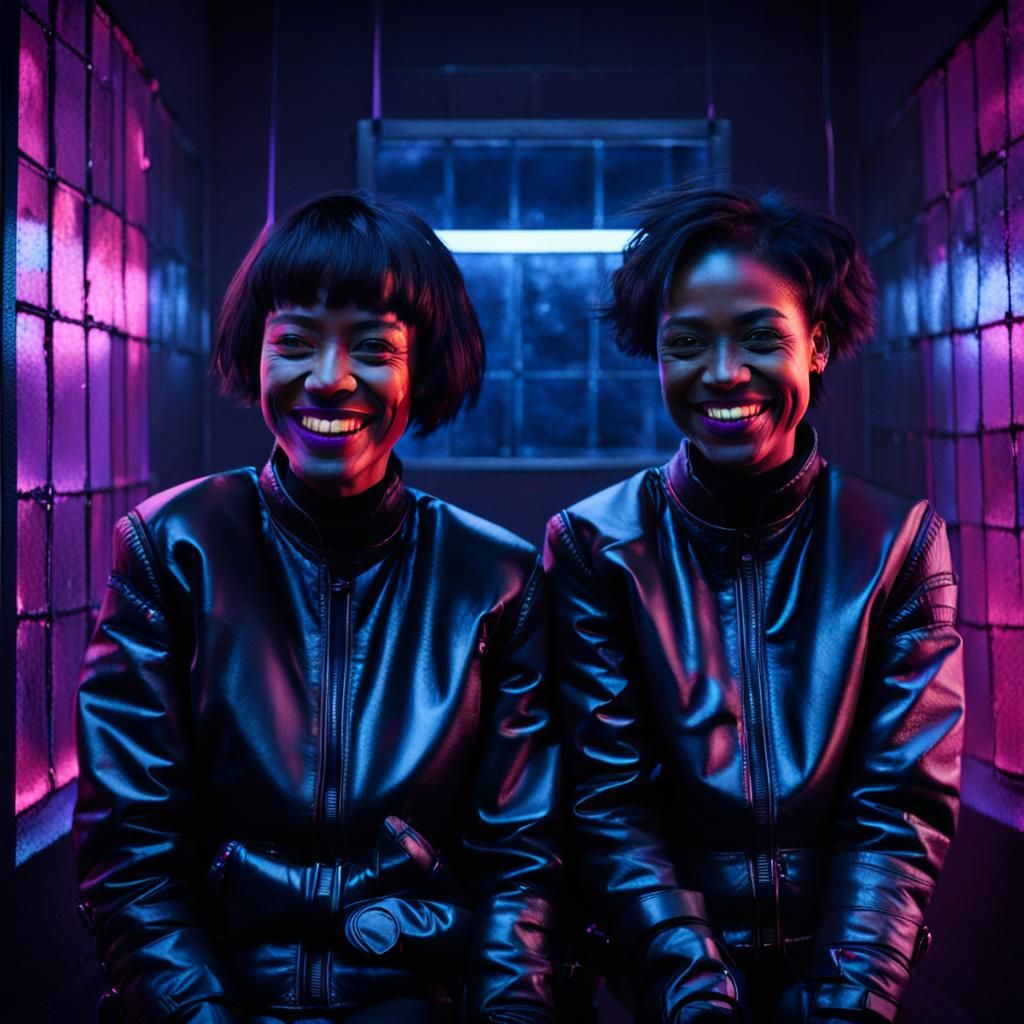Neon Horror: Smiling Women in Straitjackets