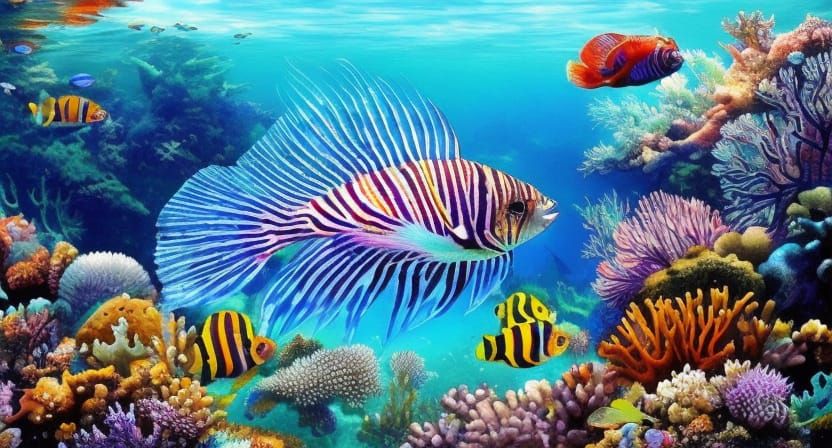 Detailed Lionfish in Watercolour Underwater World