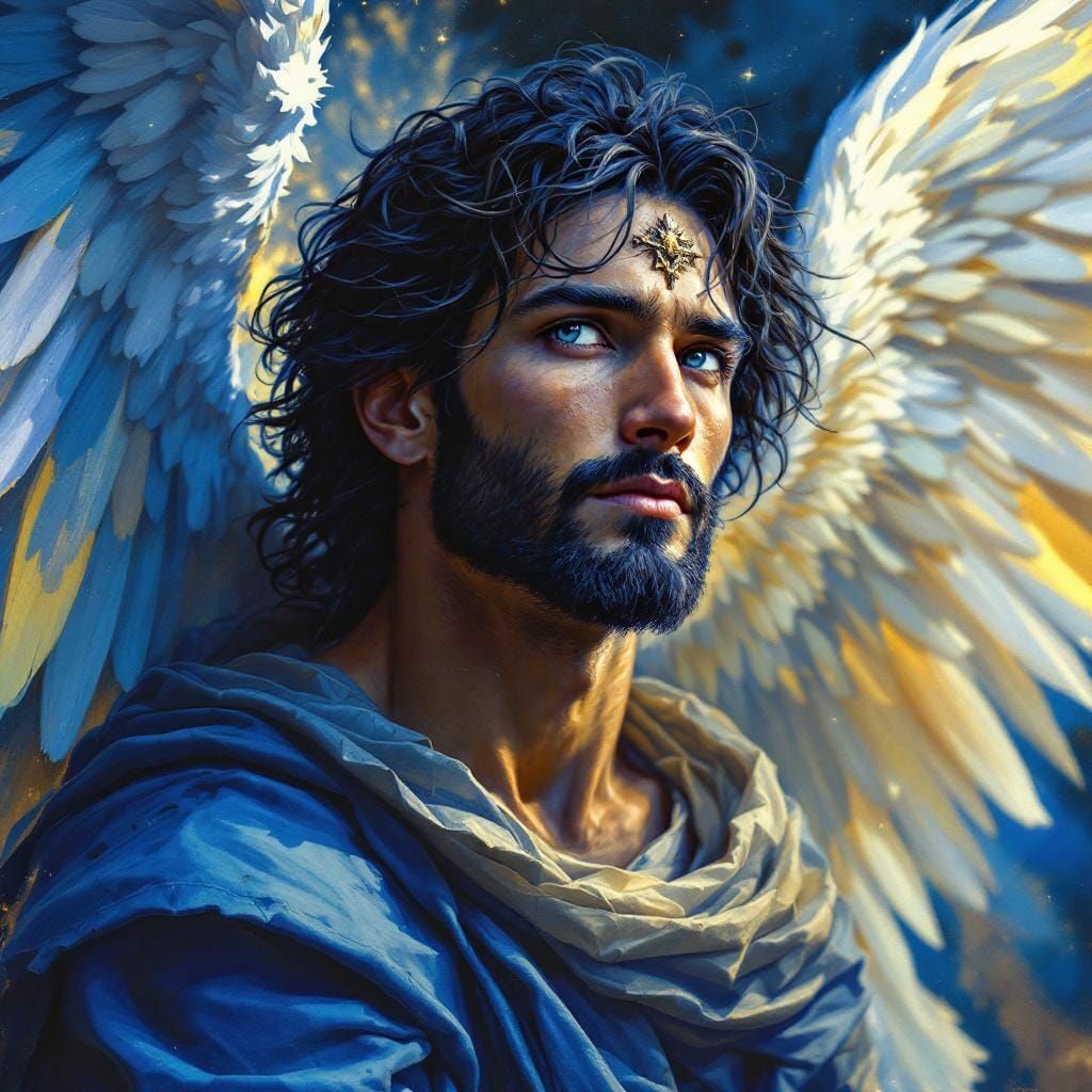 Fantasy Archangel Phanuel Portrait in Soft Indigo
