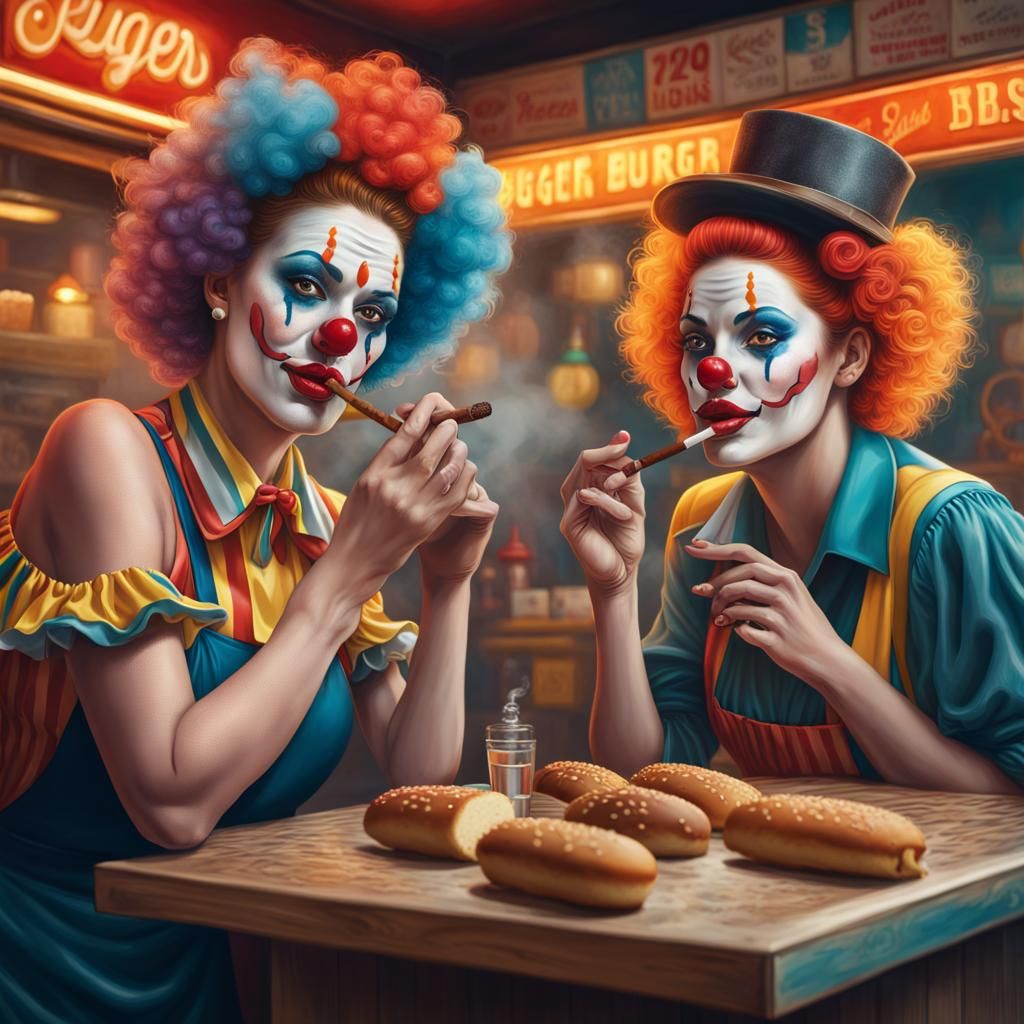 Hyperrealistic Clown Women at Burger Stand