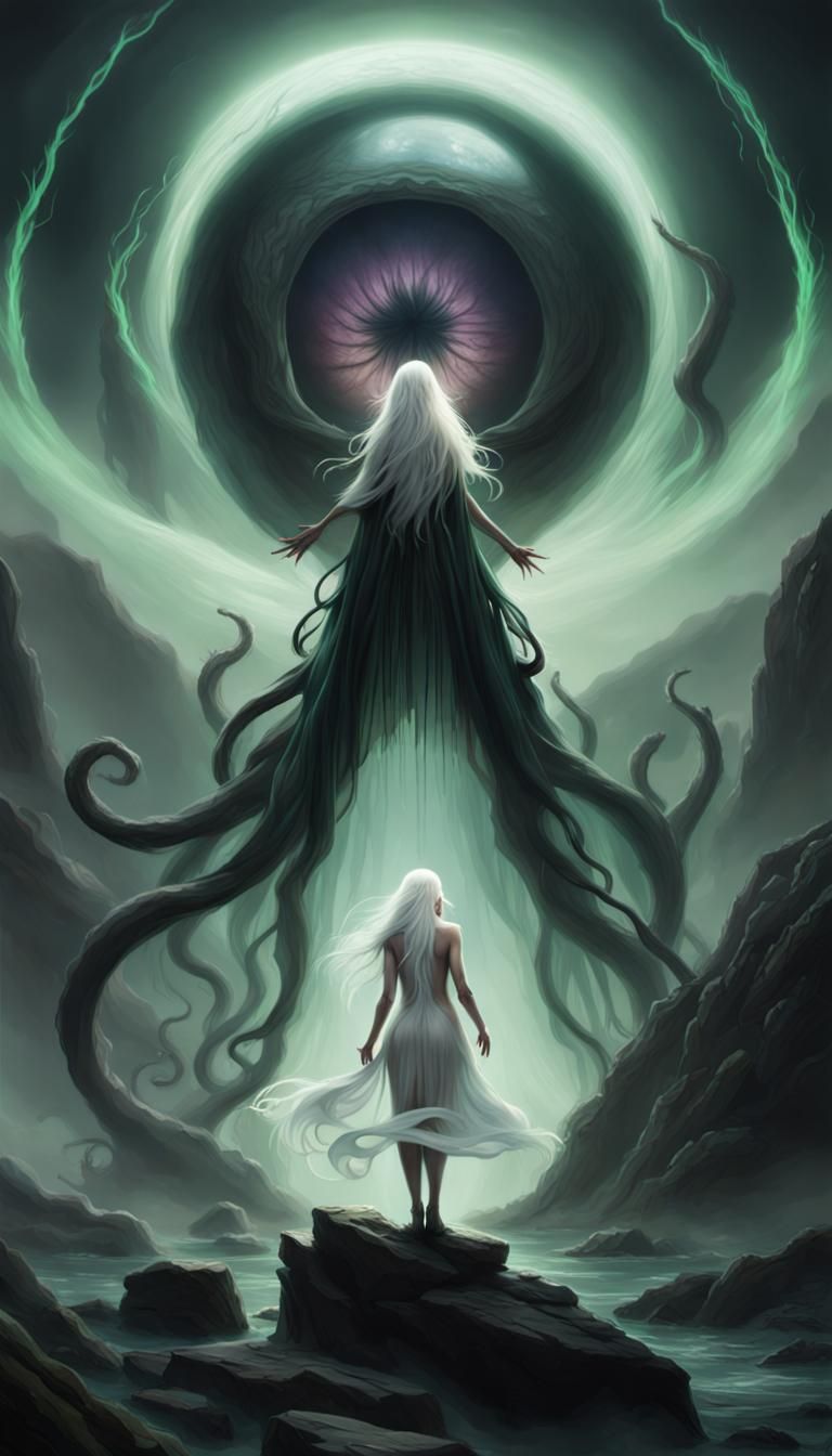 Woman Faces Enormous Eye in Dark Fantasy Art