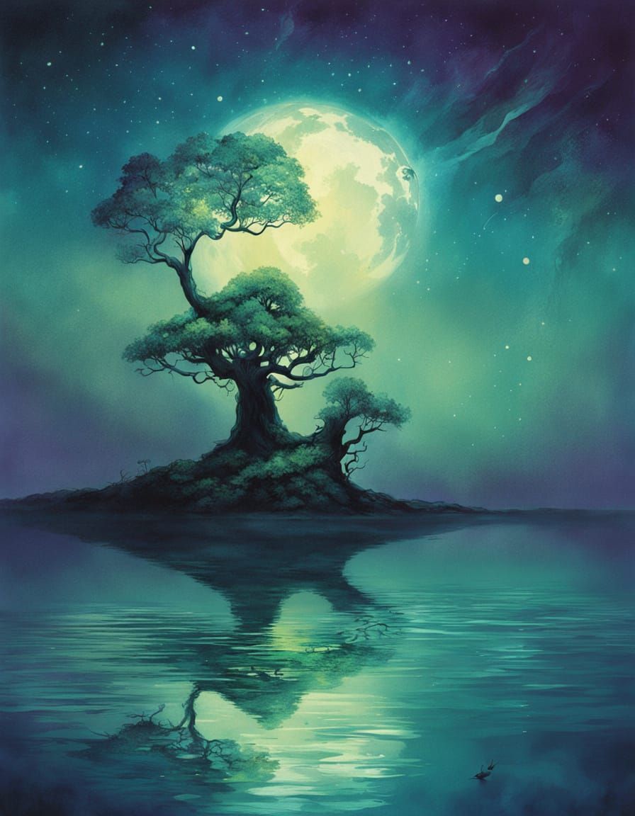 Mystical Tree with Face Reflecting Starlit Lake