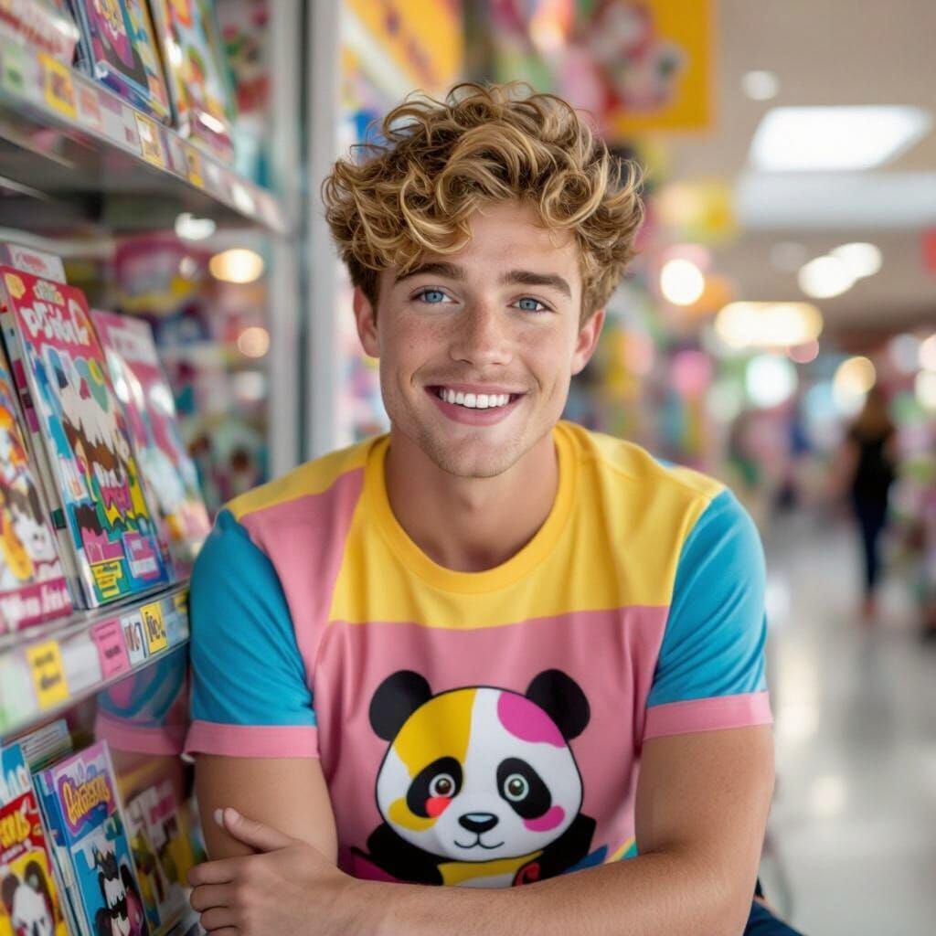 Androgynous Man with Strawberry Blonde Curls at Mall Kiosk