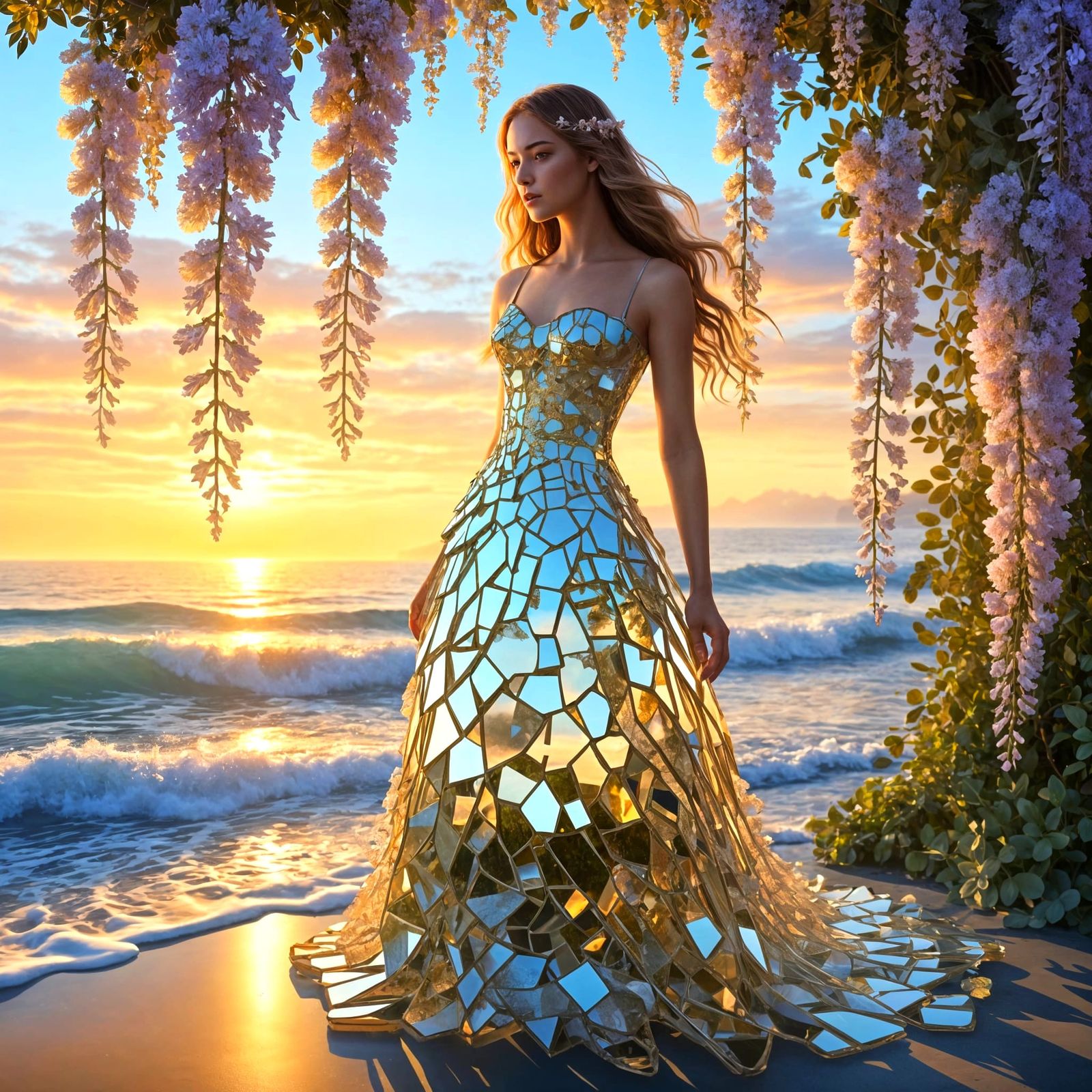 Woman in Glass Dress by the Ocean at Golden Hour
