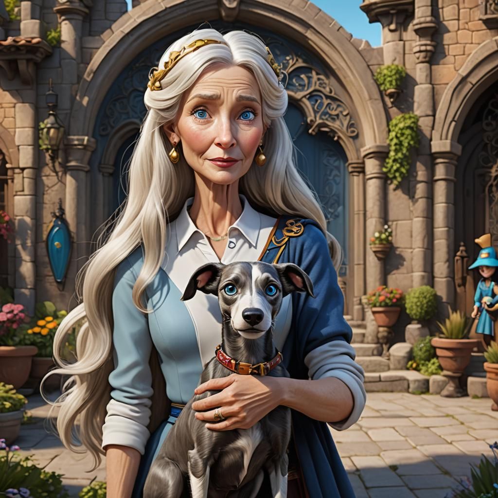 Disney Cartoon Woman with Whippet in Detailed Painting