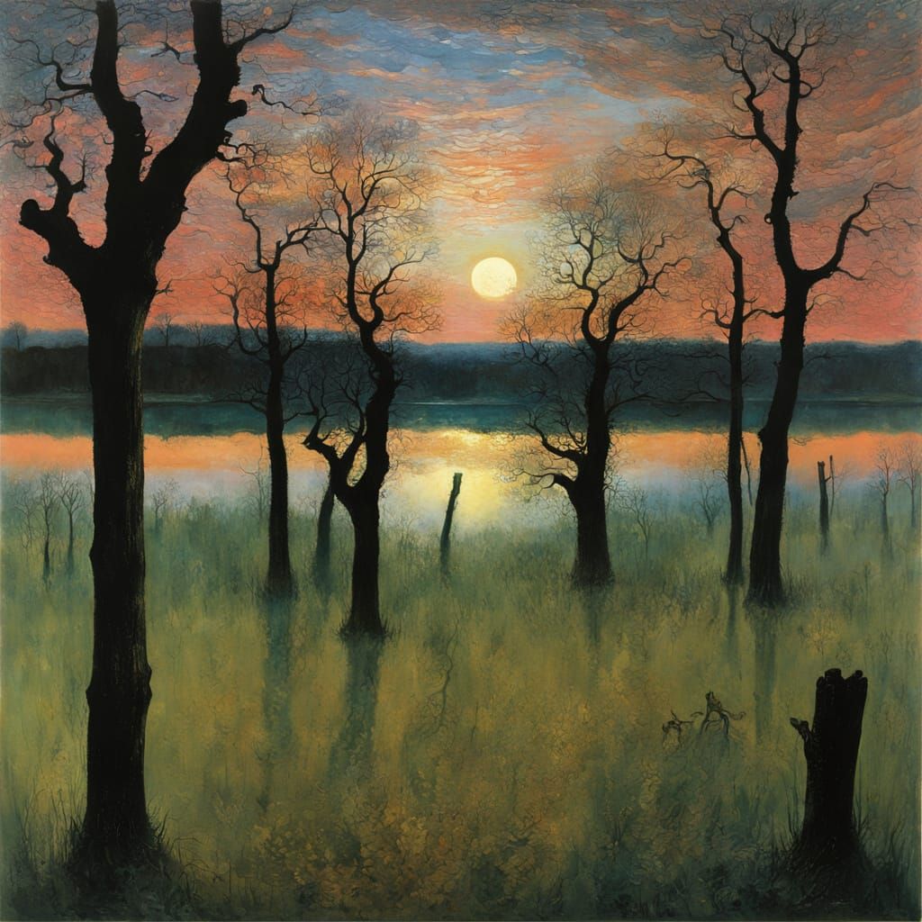 Surrealist Landscape with Lake and Oak Trees at Golden Hour