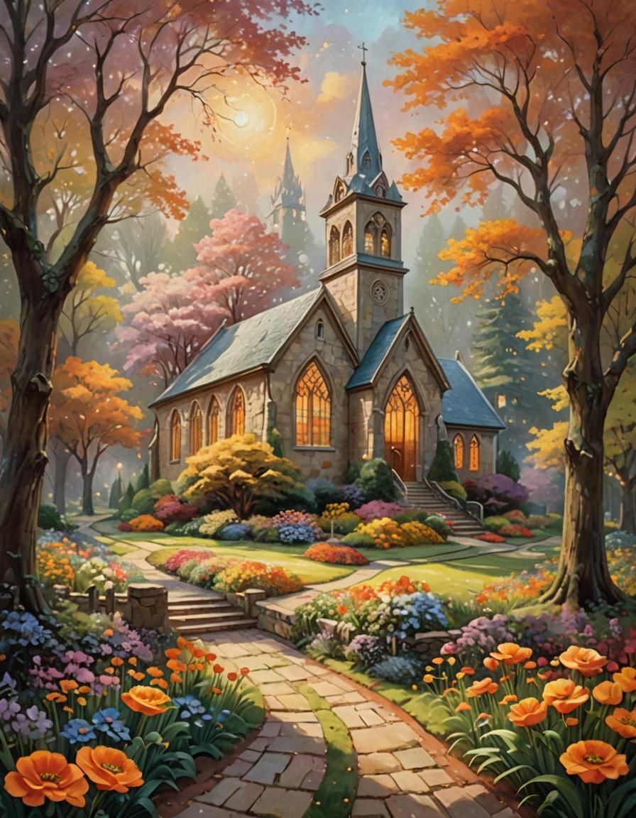 Impressionistic Church with Buttercup in Ethereal Light