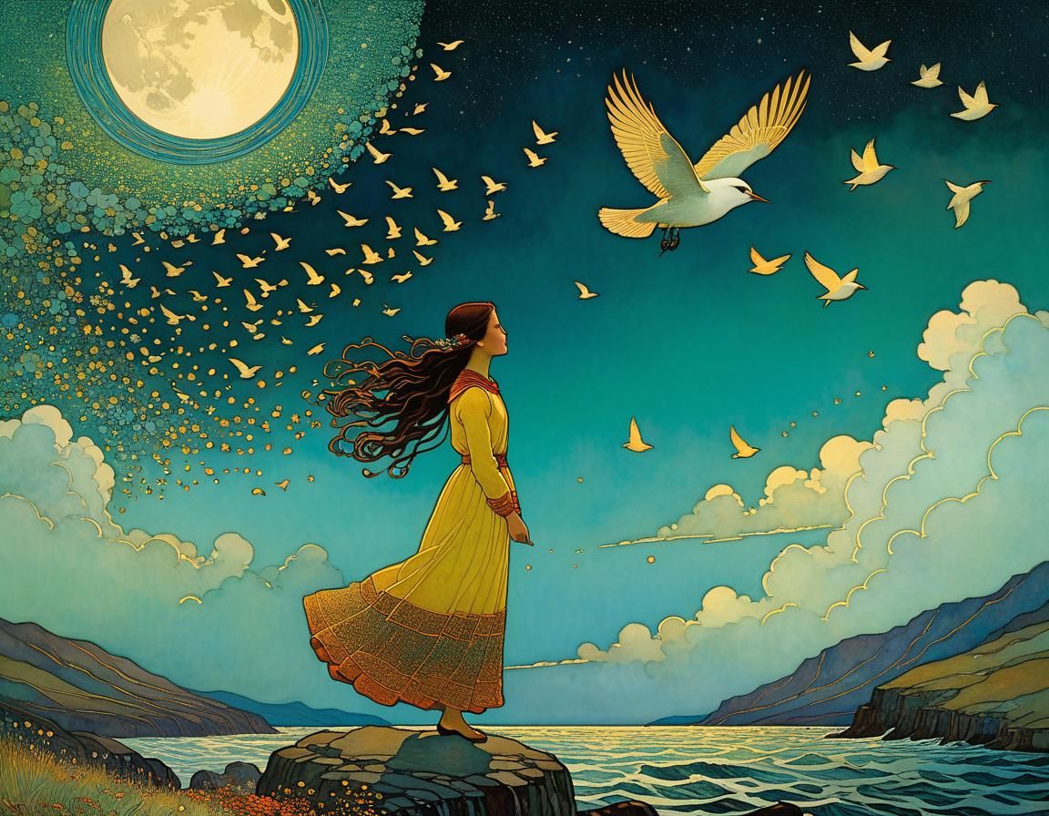 Woman Flies with Birds: Illustrative Painting
