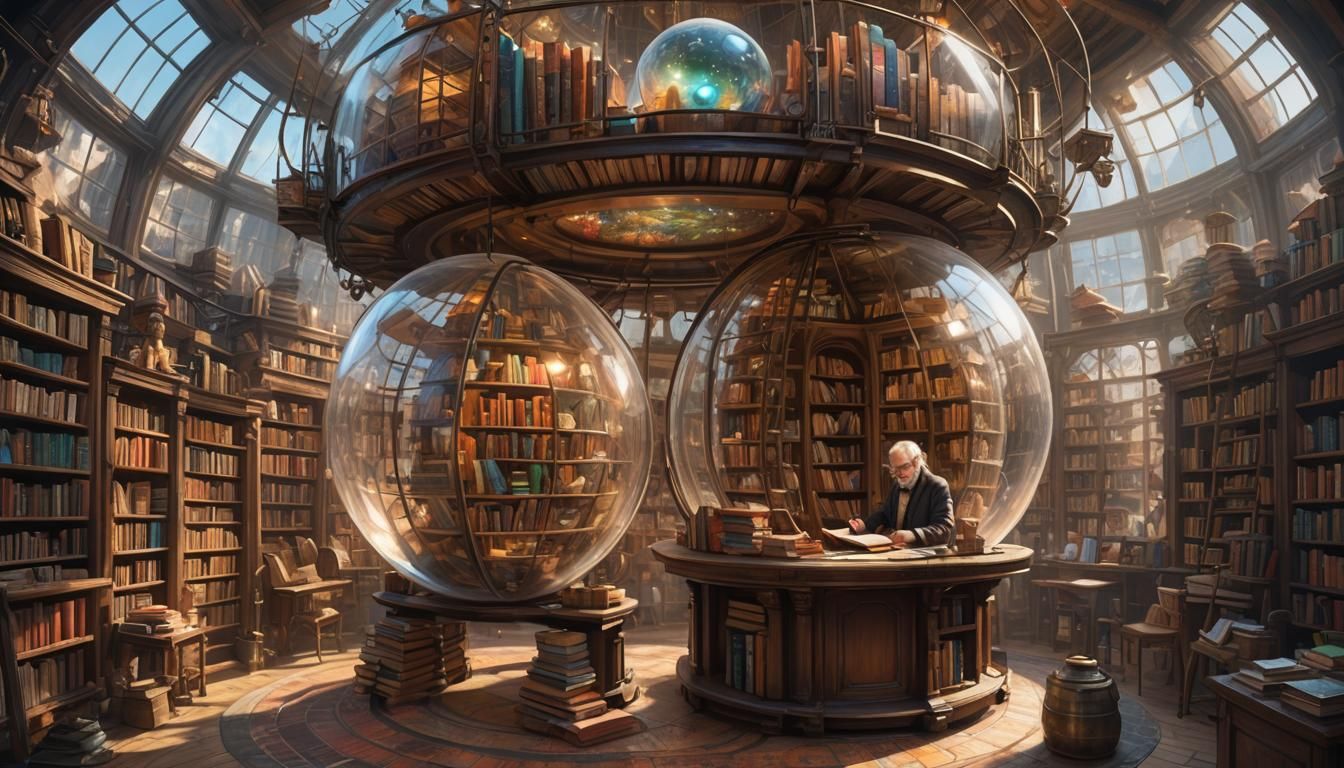 Magical Flying Steampunk Bookstore with Librarian