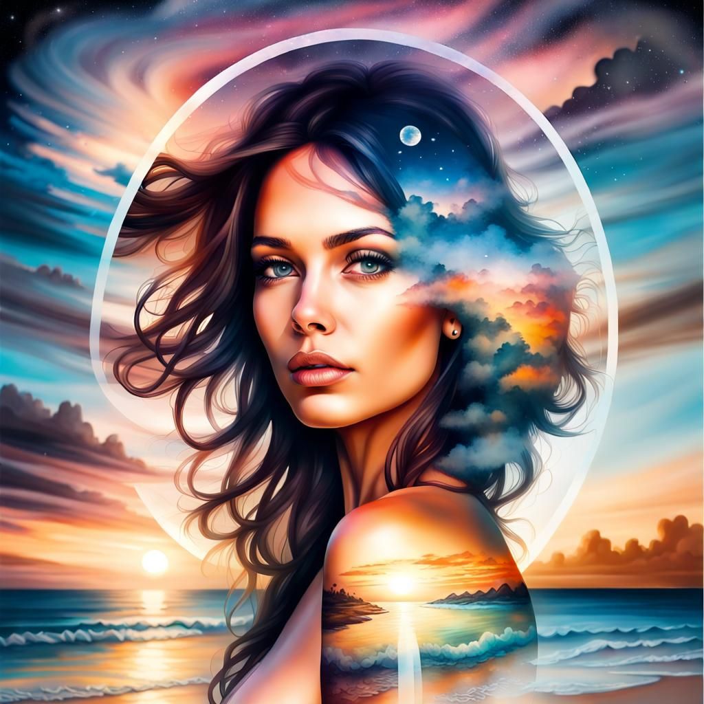 Cosmic Double Exposure: Woman and Sunset Beach