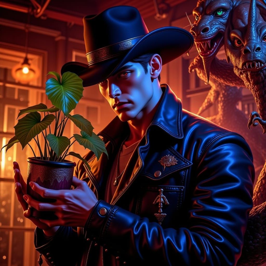 Neon Saloon Cowboy with Mutant Plant and Dragons