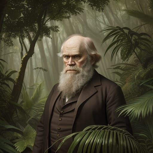 Charles Darwin in Lush Forest: Triadic Color Oil Painting