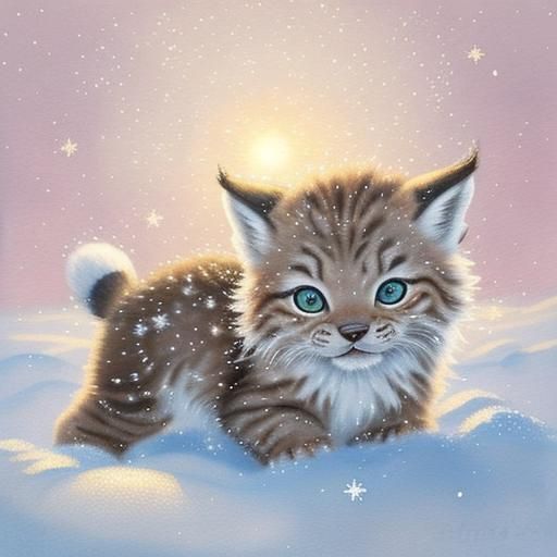 Cute Lynx Kitten Plays in Snow, Watercolor Style