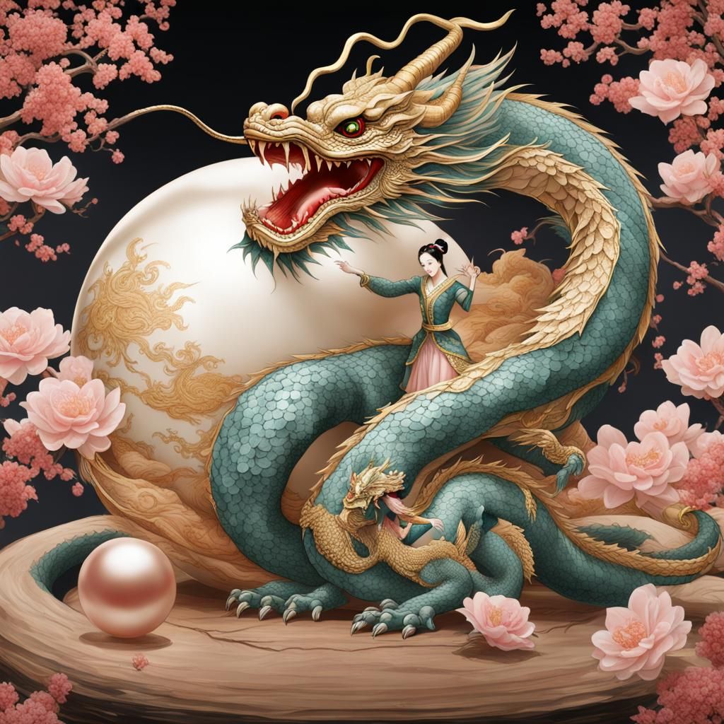 Japanese Dragon Holding Pearl with Ballerina