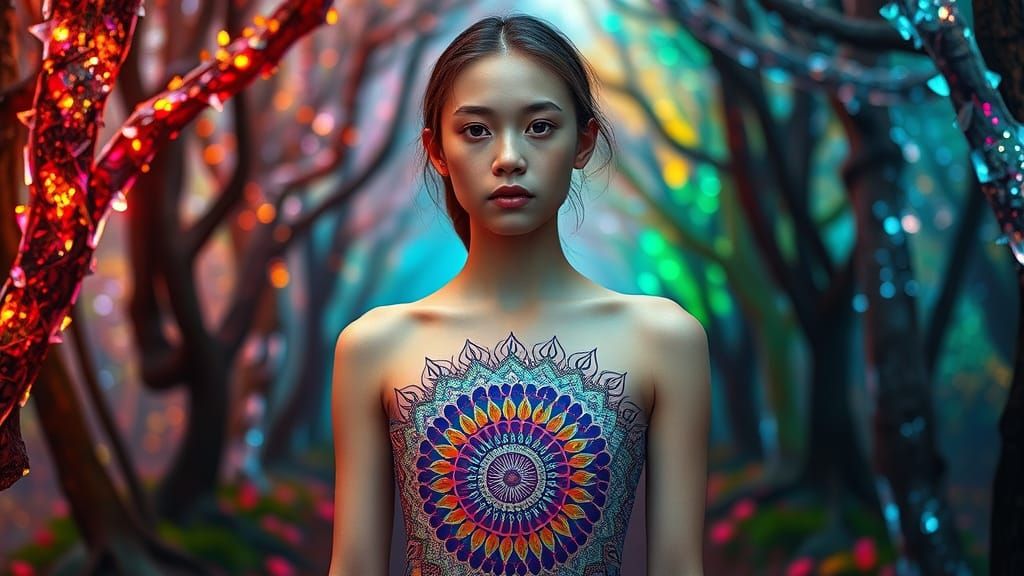 Girl in Kaleidoscopic Dress in Crystalline Garden