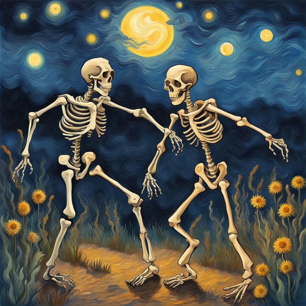 Skeletons Dancing in Moonlight as Impasto Gouache