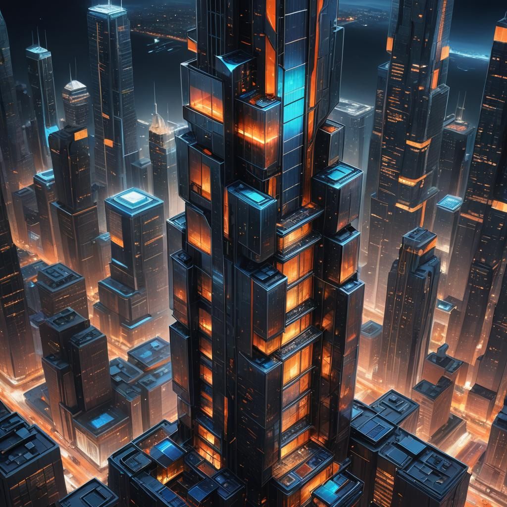 Futuristic Skyscraper with Dynamic Facades in Neon Lighting