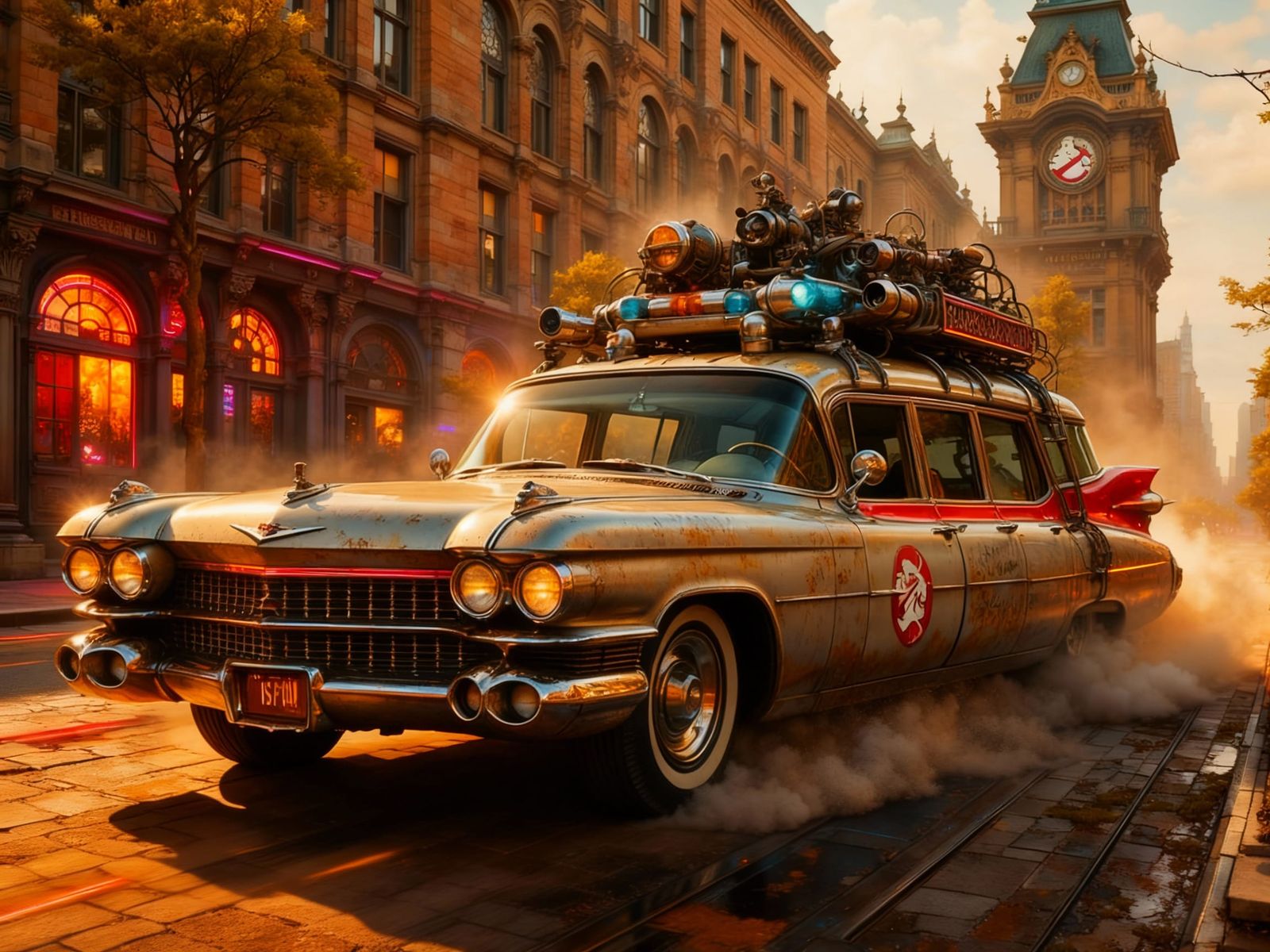 Ecto-1 Ghostbusters Car in Motion on City Street