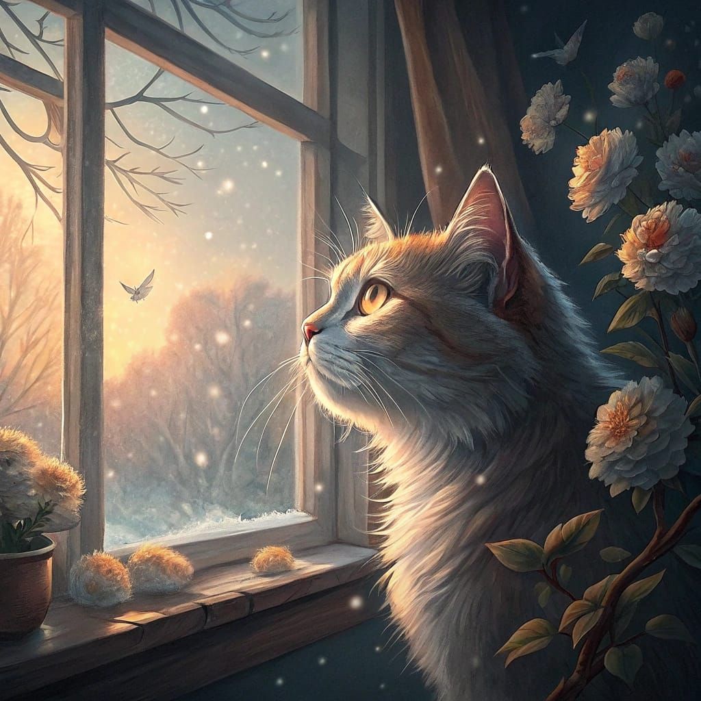 Surreal Domestic Cat Contemplates Window View in Naive Art S...