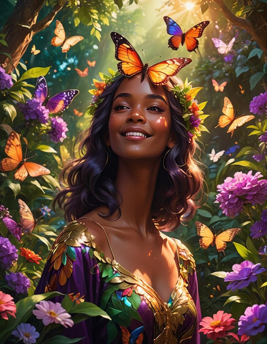 Joyful Woman in Lush Fantasy Garden