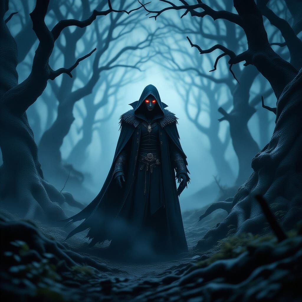 Lonely Vampire in Foggy Enchanted Forest, Cinematic Dark Fan...