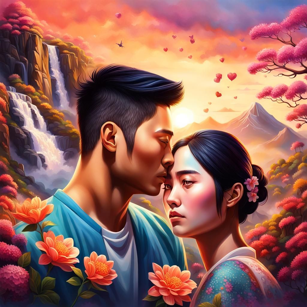 Romantic Sunset Waterfall Scene in Splash Art Style