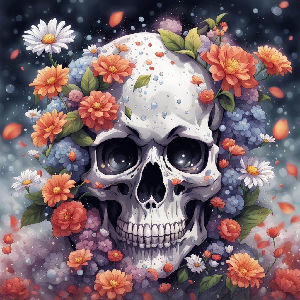 Dew-Kissed Skull: An Anime-Inspired Floral Still Life
