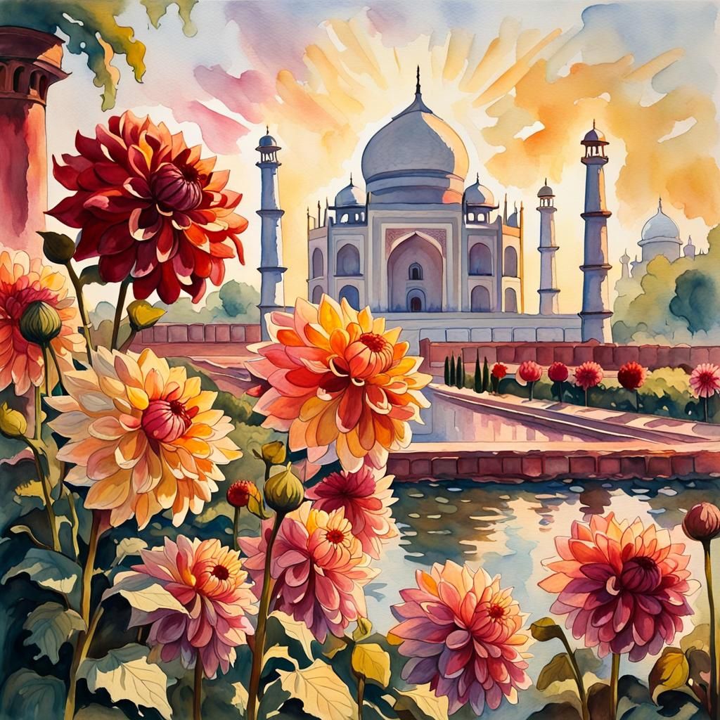 Taj Mahal and Dahlias in Gouache Impressionist Style